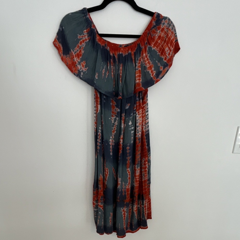 Vanilla Star Tie Dye Off Shoulder Midi Dress Ruffle Pullover Blue Red M